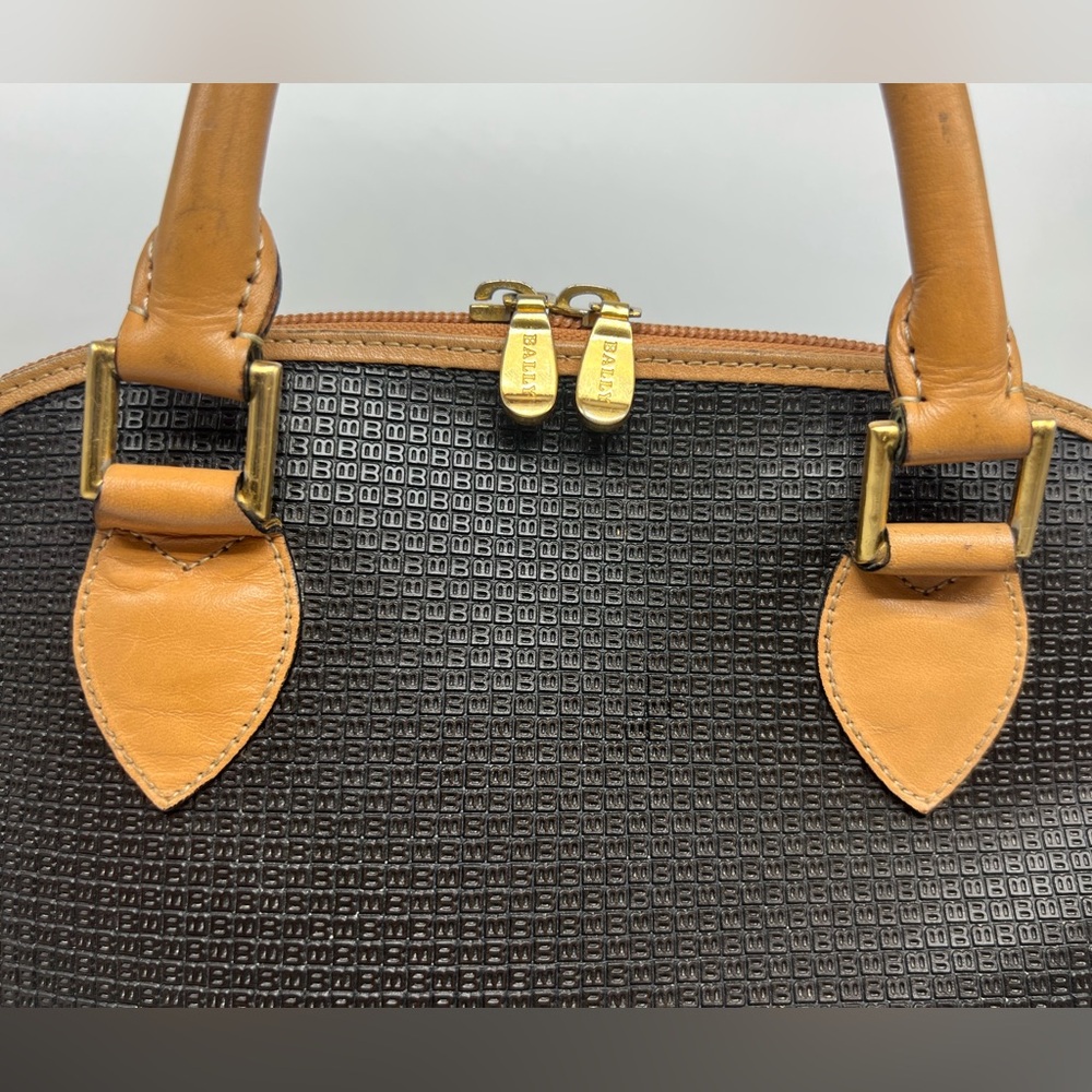 BALLY Vintage Monogram Bolide Tan Brown Leather Black Vinyl Leather Doctor Bag - Picture 2 of 14